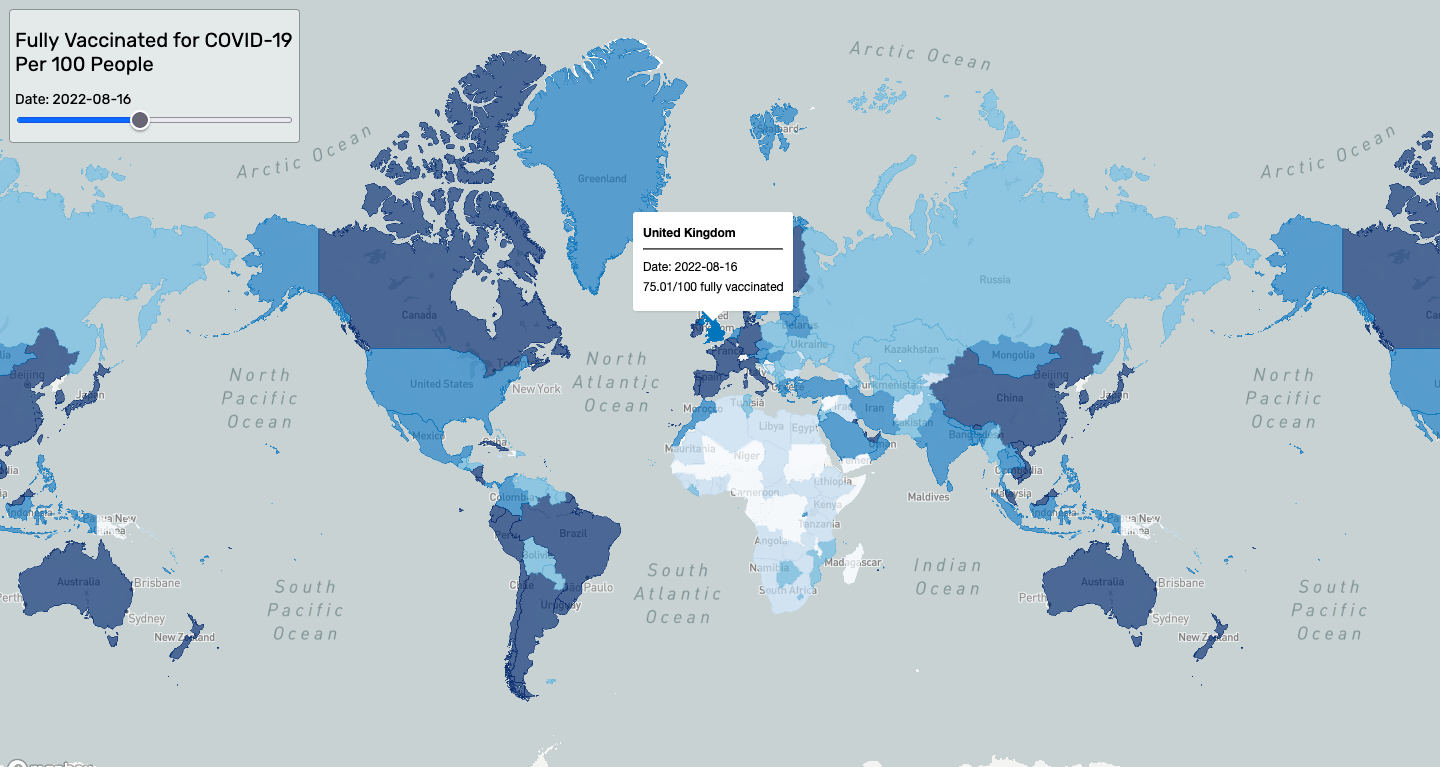 A web map application that parses data from a continually updated data table available on the web at: https://github.com/owid/covid-19-data and joins it to matching countries on a global map to visualize the percentage of fully vaccinated people in each country.
